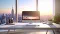 Modern Office Desk with Cityscape Sunset View Royalty Free Stock Photo