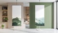 Modern Interior With Display Banners Featuring Mountain Landscapes Royalty Free Stock Photo