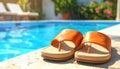 Orange Flip-Flops by a Poolside Royalty Free Stock Photo