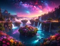 Surreal fantasy scene of glowing waterfalls, floating islands, and cosmic skies in a dreamy enchanted paradise. Royalty Free Stock Photo
