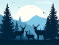 Deer Family in Forest Silhouette with Tall Pines - Nature and Wildlife Vector Artwork Royalty Free Stock Photo