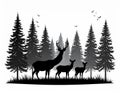 Deer Family in Forest Silhouette with Tall Pines - Nature and Wildlife Vector Artwork Royalty Free Stock Photo