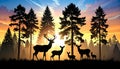 Deer Family in Forest Silhouette with Tall Pines - Nature and Wildlife Vector Artwork Royalty Free Stock Photo