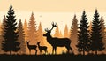 Deer Family in Forest Silhouette with Tall Pines - Nature and Wildlife Vector Artwork Royalty Free Stock Photo