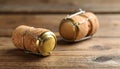 Cork of sparkling wine and muselet cap on wooden table, closeup. Space for text Royalty Free Stock Photo