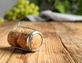 Cork of sparkling wine and muselet cap on wooden table, closeup. Space for text Royalty Free Stock Photo