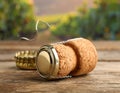 Cork of sparkling wine and muselet cap on wooden table, closeup. Space for text Royalty Free Stock Photo