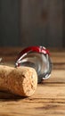 Cork of sparkling wine and muselet cap on wooden table, closeup. Space for text Royalty Free Stock Photo