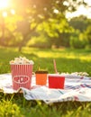 Popcorn and drink on blanket in open air cinema. Space for text Royalty Free Stock Photo