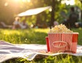 Popcorn and drink on blanket in open air cinema. Space for text Royalty Free Stock Photo