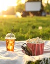 Popcorn and drink on blanket in open air cinema. Space for text Royalty Free Stock Photo