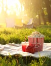 Popcorn and drink on blanket in open air cinema. Space for text Royalty Free Stock Photo