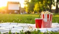 Popcorn and drink on blanket in open air cinema. Space for text Royalty Free Stock Photo