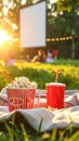 Popcorn and drink on blanket in open air cinema. Space for text Royalty Free Stock Photo