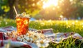 Popcorn and drink on blanket in open air cinema. Space for text Royalty Free Stock Photo