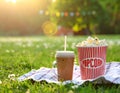 Popcorn and drink on blanket in open air cinema. Space for text Royalty Free Stock Photo