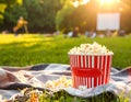 Popcorn and drink on blanket in open air cinema. Space for text Royalty Free Stock Photo