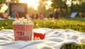 Popcorn and drink on blanket in open air cinema. Space for text Royalty Free Stock Photo