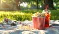 Popcorn and drink on blanket in open air cinema. Space for text Royalty Free Stock Photo