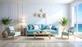 Bright coastal living room with a large window offering an ocean view Royalty Free Stock Photo
