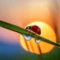 Ladybug (Coccinella septempunctata) on a blade of grass, with dewdrops, against a backdrop of a vibrant sunset. Royalty Free Stock Photo