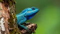 Blue-crested Lizard on tree with green background. Royalty Free Stock Photo