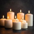 Many candle flames glowing on dark background. Close-up. Free space. Royalty Free Stock Photo