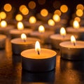 Many candle flames glowing on dark background. Close-up. Free space. Royalty Free Stock Photo