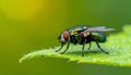 Small muscidae fly resting on a green leaf under a blurred green background Royalty Free Stock Photo