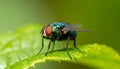 Small muscidae fly resting on a green leaf under a blurred green background Royalty Free Stock Photo