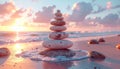 Zen Balance: Stacked Stones on a Serene Beach at Sunset Royalty Free Stock Photo
