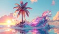 Fantasy Tropical Island with Surreal Colorful Wave at Sunset Royalty Free Stock Photo