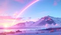 Ethereal Arctic Sunrise with Rainbow Over Snowy Mountains Royalty Free Stock Photo