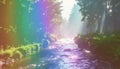 Mystical Forest River with Rainbow Sunbeams Royalty Free Stock Photo
