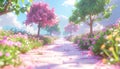 Enchanted Spring Garden Path with Blossoming Pink Trees Royalty Free Stock Photo