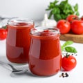 Jars of tasty tomato paste, spoon and ingredients on white table Royalty Free Stock Photo