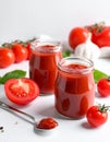 Jars of tasty tomato paste, spoon and ingredients on white table Royalty Free Stock Photo