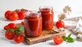 Jars of tasty tomato paste, spoon and ingredients on white table Royalty Free Stock Photo