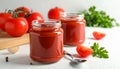 Jars of tasty tomato paste, spoon and ingredients on white table Royalty Free Stock Photo