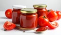 Jars of tasty tomato paste, spoon and ingredients on white table Royalty Free Stock Photo