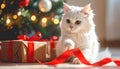 A fluffy white cat plays with a red ribbon in a Christmas festive setting Royalty Free Stock Photo