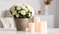 Pot with beautiful Chrysanthemum flowers and candles on table in room Royalty Free Stock Photo