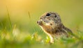 Cute Ground squirrel, Spermophilus pygmaeus, eats the grass. Side view Royalty Free Stock Photo