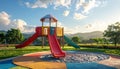 Minimal Outdoor Daycare Play Area with One Colorful Slide Royalty Free Stock Photo