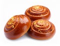 Three delicious sweet buns isolated on whites Royalty Free Stock Photo