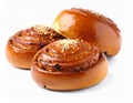 Three delicious sweet buns isolated on whites Royalty Free Stock Photo