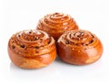 Three delicious sweet buns isolated on whites Royalty Free Stock Photo