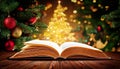 Open book Holy Bible on the table against the background of the Christmas tree. Shining garland lights. Prayer. Defocused light Royalty Free Stock Photo
