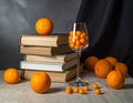 Still Life with Oranges, Books, and Physalis Royalty Free Stock Photo