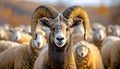 Close up of an alert big horn ram with ewes in the background Royalty Free Stock Photo